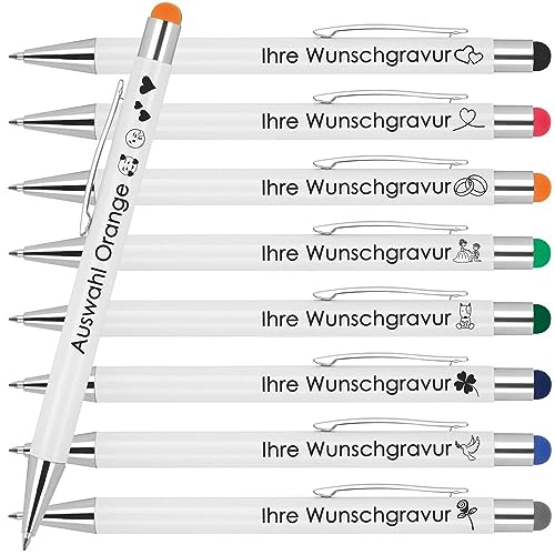 Kugelschreiber mit Wunschgravur | Werbekugelschreiber Personalisiert | Schreiben & Touchfunktion | Gummierter Oberfläche | Wunschsmbol Laser-Gravur 10 Stück Orange von Juwelier Schönschmied