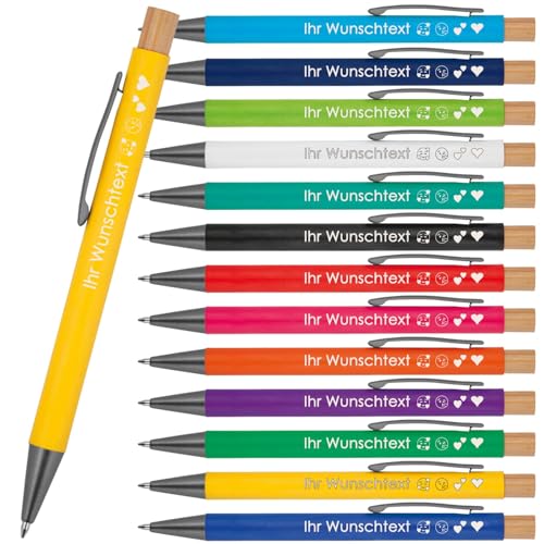 Kugelschreiber mit Wunschgravur | recyceltes Aluminium | Bambusdrücker | Personalisierte Kulis | 13 Farben | Schriftarten | Werbekugelschreiber Gravur (Gelb, 1) von Juwelier Schönschmied
