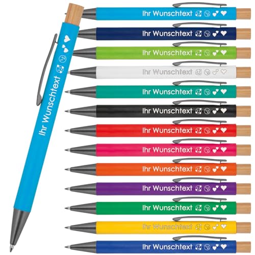 Kugelschreiber mit Wunschgravur | recyceltes Aluminium | Bambusdrücker | Personalisierte Kulis | 13 Farben | Schriftarten | Werbekugelschreiber Gravur (Hellblau, 5) von Juwelier Schönschmied