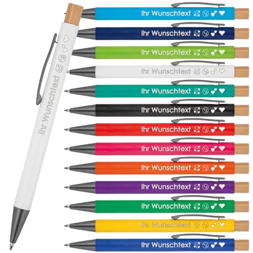 Kugelschreiber mit Wunschgravur | recyceltes Aluminium | Bambusdrücker | Personalisierte Kulis | 13 Farben | Schriftarten | Werbekugelschreiber Gravur (Weiß, 5) von Juwelier Schönschmied