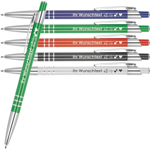 Kugelschreiber mit Wunschgravur | recyceltes Aluminium | Blau schreibende | 3 Zierringe | Personalisierte Kulis | 5 Farben | Schriftarten | Werbekugelschreiber Gravur (Grün, 10) von Juwelier Schönschmied