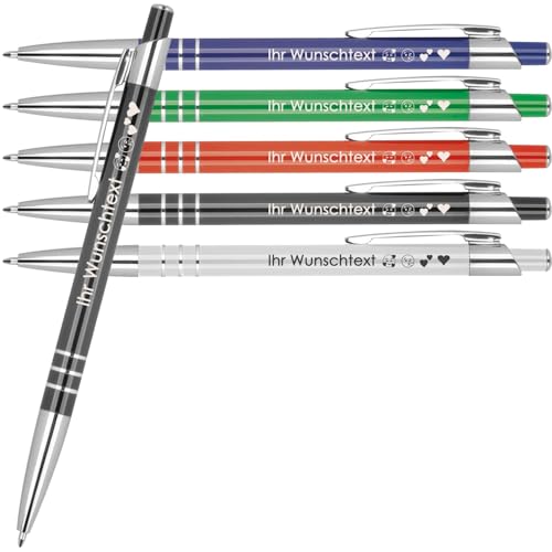 Kugelschreiber mit Wunschgravur | recyceltes Aluminium | Blau schreibende | 3 Zierringe | Personalisierte Kulis | 5 Farben | Schriftarten | Werbekugelschreiber Gravur (Schwarz, 5) von Juwelier Schönschmied