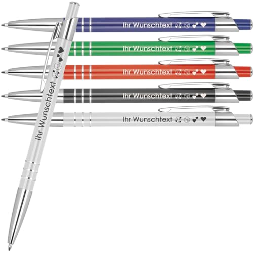 Kugelschreiber mit Wunschgravur | recyceltes Aluminium | Blau schreibende | 3 Zierringe | Personalisierte Kulis | 5 Farben | Schriftarten | Werbekugelschreiber Gravur (Weiß, 10) von Juwelier Schönschmied