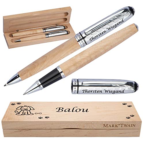 Mark Twain Schreibset aus Holz mit Box | Holzkorpus Drehkugelschreiber und Rollerball aus Metall mit Gravur | Großraummine blau schreibend | Box mit Wunschgravur | (Hund) von Juwelier Schönschmied