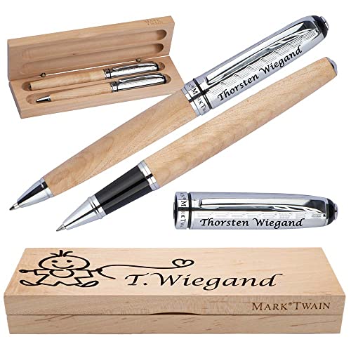 Mark Twain Schreibset aus Holz mit Box | Holzkorpus Drehkugelschreiber und Rollerball aus Metall mit Gravur | Großraummine blau schreibend | Box mit Wunschgravur | (Junge) von Juwelier Schönschmied