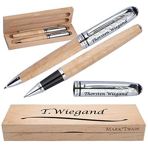 Mark Twain Schreibset aus Holz mit Box | Holzkorpus Drehkugelschreiber und Rollerball aus Metall mit Gravur | Großraummine blau schreibend | Box mit Wunschgravur | (Linie) von Juwelier Schönschmied