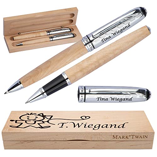 Mark Twain Schreibset aus Holz mit Box | Holzkorpus Drehkugelschreiber und Rollerball aus Metall mit Gravur | Großraummine blau schreibend | Box mit Wunschgravur | (Mädchen) von Juwelier Schönschmied