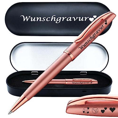 PeIikan Kugelschreiber mit Gravur als Geschenk | inkl. Etui mit Wunschgravur (Platz für 10 Stifte) | Emoji Gravur | Kugelschreiber Jazz Noble Elegance Pink Rose | Wunschgravur mit Symbolen von Juwelier Schönschmied