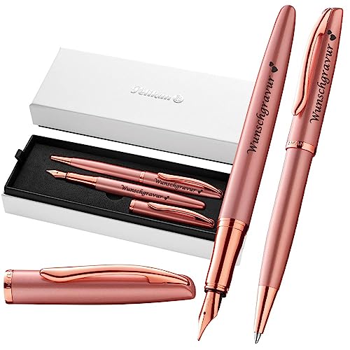 Pelikan Füller & Kugelschreiber Jazz® Noble Elegance im Set mit Wunschgravur | inkl. Geschenkeuti | Emoji Gravur | Pink Rose Schreibset mit Gravur PS204 von Juwelier Schönschmied