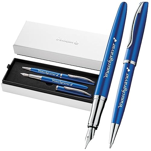 Pelikan Füller & Kugelschreiber Jazz® Noble Elegance im Set mit Wunschgravur | inkl. Geschenkeuti | Emoji Gravur | Saphire Blau Schreibset mit Gravur PS201 von Juwelier Schönschmied