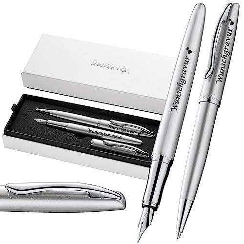 Pelikan Füller & Kugelschreiber Jazz® Noble Elegance im Set mit Wunschgravur | inkl. Geschenkeuti | Emoji Gravur | Silber Schreibset mit Gravur PS199 von Juwelier Schönschmied