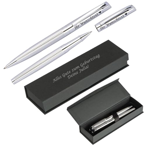 Schreibset aus Metall mit Wunschgravur | Kugelschreiber und Rollerball | blau schreibend | schwarze Geschenkverpackung mit Gravur | chromglänzendem Metall von Juwelier Schönschmied