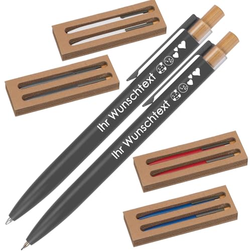 Schreibset mit Wunschgravur | Kugelschreiber und Druckbleistift | Bambusdrücker | recyceltes Aluminium | Blau schreibend | 4 Farben | Schriftarten | Werbekugelschreiber Gravur (Anthrazit, 1) von Juwelier Schönschmied
