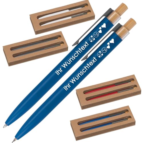 Schreibset mit Wunschgravur | Kugelschreiber und Druckbleistift | Bambusdrücker | recyceltes Aluminium | Blau schreibend | 4 Farben | Schriftarten | Werbekugelschreiber Gravur (Blau, 100) von Juwelier Schönschmied