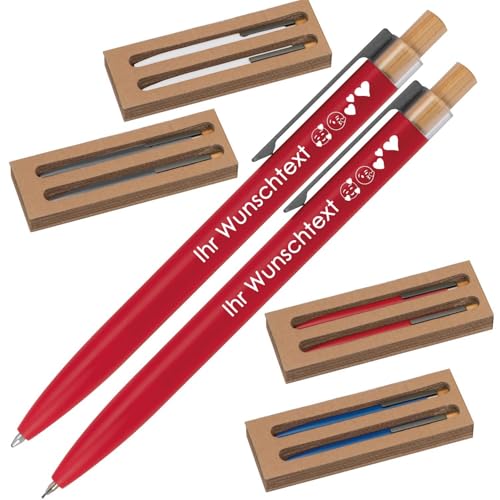 Schreibset mit Wunschgravur | Kugelschreiber und Druckbleistift | Bambusdrücker | recyceltes Aluminium | Blau schreibend | 4 Farben | Schriftarten | Werbekugelschreiber Gravur (Rot, 100) von Juwelier Schönschmied