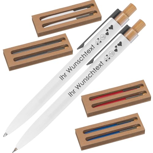 Schreibset mit Wunschgravur | Kugelschreiber und Druckbleistift | Bambusdrücker | recyceltes Aluminium | Blau schreibend | 4 Farben | Schriftarten | Werbekugelschreiber Gravur (Weiß, 50) von Juwelier Schönschmied