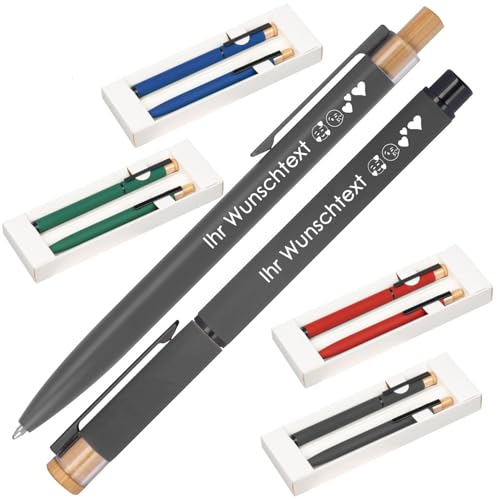 Schreibset mit Wunschgravur | Kugelschreiber und Rollerball | Bambusdrücker | recyceltes Aluminium | Blau schreibend | 4 Farben | Schriftarten | Werbekugelschreiber Gravur (Anthrazit, 50) von Juwelier Schönschmied