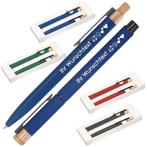 Schreibset mit Wunschgravur | Kugelschreiber und Rollerball | Bambusdrücker | recyceltes Aluminium | Blau schreibend | 4 Farben | Schriftarten | Werbekugelschreiber Gravur (Blau, 100) von Juwelier Schönschmied