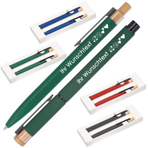 Schreibset mit Wunschgravur | Kugelschreiber und Rollerball | Bambusdrücker | recyceltes Aluminium | Blau schreibend | 4 Farben | Schriftarten | Werbekugelschreiber Gravur (Dunkelgrün, 1) von Juwelier Schönschmied