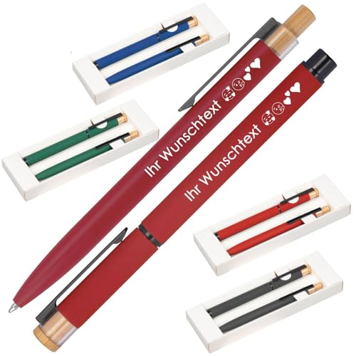 Schreibset mit Wunschgravur | Kugelschreiber und Rollerball | Bambusdrücker | recyceltes Aluminium | Blau schreibend | 4 Farben | Schriftarten | Werbekugelschreiber Gravur (Rot, 100) von Juwelier Schönschmied