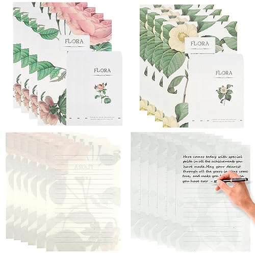 Jwogngls Briefpapier Set, 48 Blatt DIN A5 Briefpapier mit Umschlag, Vintage Naturpapier in Grünpflanzen mit Blumen Briefbogen- mit 24 Briefumschlägen für Hochzeitseinladungen von Jwogngls