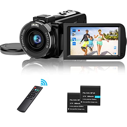 Jzbulo Videokamera Camcorder Full HD 1080P Vlogging Videokamera 30 FPS für Vlogging,YouTube, 3,0'' 270°Drehbarer IPS-Bildschirm 16X Digital Zoom Camcorder, mit Fernbedienung, 2 Batterien von Jzbulo