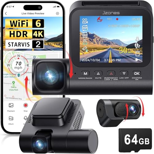 Jzones Dash Cam Auto mit 64G SD Karte, Dashcam mit GPS und WiFi 4K+1080P+1080P Triple Vorne & Hinten & Innen Kamera, G-Sensor, Nachtsicht, Loop Recording, 24H Parkmodus, APP Steuerung (Schwarz) von Jzones