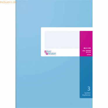 K+E Spaltenbuch A4 mit Kopfleiste 3 Spalten 40 Blatt hellblau von K+E