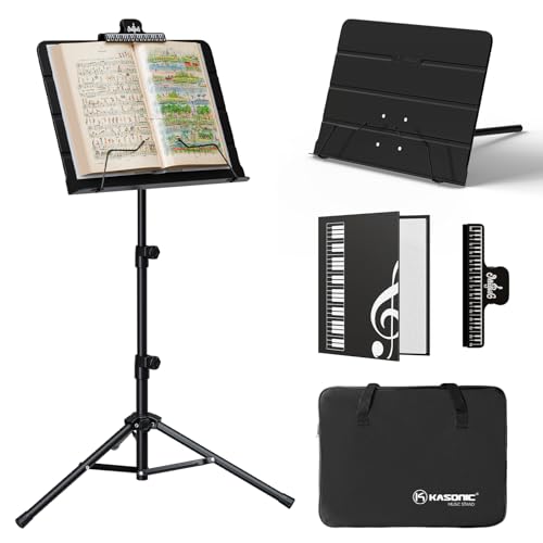 K Kasonic Faltbarer Notenständer, 2-in-1 Zusammenklappbarer Notenständer mit Notenblattmappe, Tragbarer Notenständer-Set für Aufführungen, Notenständer-Tripod für Musikalische Bedürfnisse, Schwarz von K KASONIC