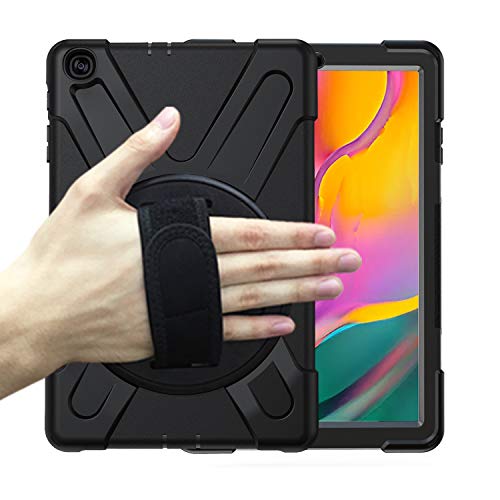 Schutzhülle für Samsung Galaxy Tab A 2019 10,1 Zoll SM-T510 / T515, Standfunktion, 360 Grad drehbar, 3 Schichten, Hybrid, strapazierfähig, stoßfest, Handschlaufe und Schultergurt, Design für T510 Tablet Schwarz schwarz von K LAKEY