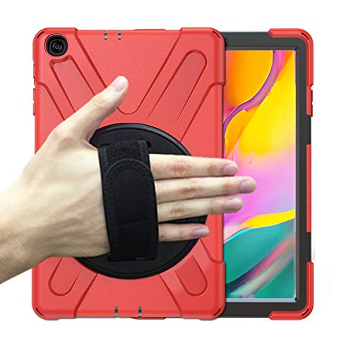 Schutzhülle für Samsung Galaxy Tab A 2019 10,1 Zoll SM-T510 / T515, Standfunktion, 360 Grad drehbar, 3 Schichten, Hybrid, strapazierfähig, stoßfest, Handschlaufe und Schultergurt, Design für T510 Tablet Rot rot von K LAKEY