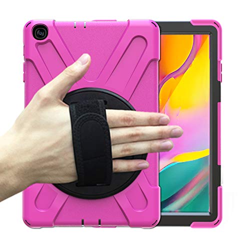 Schutzhülle für Samsung Galaxy Tab A 2019 10.1 Zoll SM-T510 / T515, Standfunktion, 360 Grad drehbar, 3 Schichten, Hybrid, Handschlaufe und Schultergurt, Design für T510 Tablet Pink rose von K LAKEY