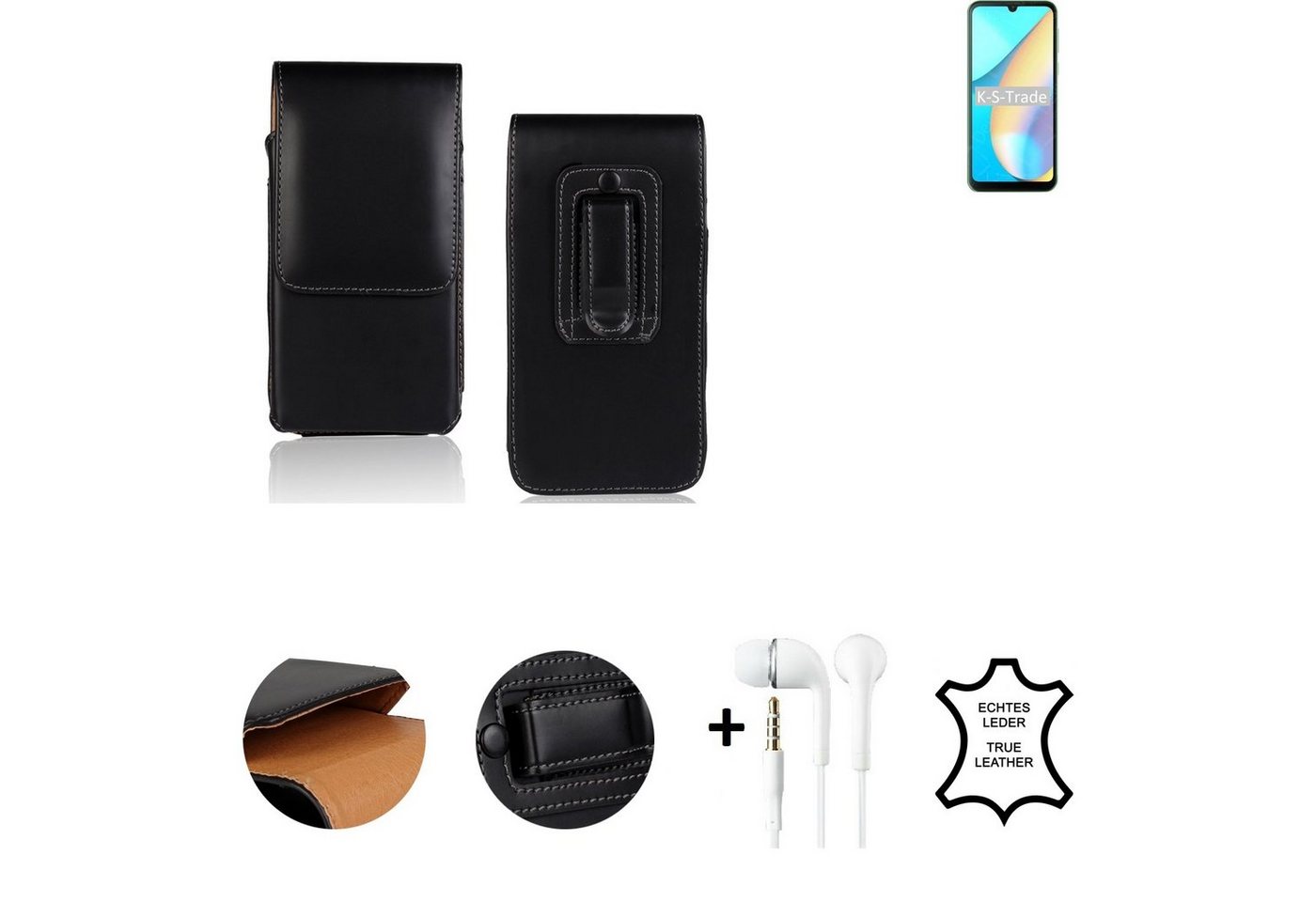 K-S-Trade Handyhülle für Blackview OSCAL C20, Leder Gürteltasche + Kopfhörer Seitentasche Belt pouch Holster von K-S-Trade