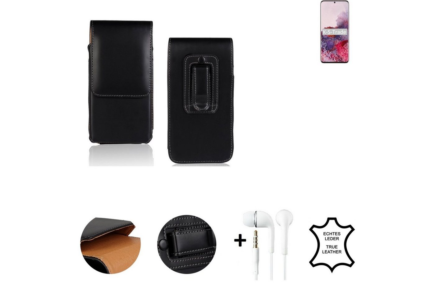 K-S-Trade Handyhülle für Samsung Galaxy S20 5G SD865, Leder Gürteltasche + Kopfhörer Seitentasche Belt pouch Holster von K-S-Trade