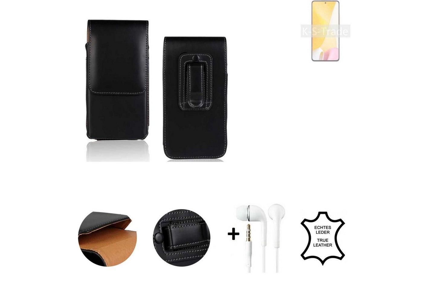 K-S-Trade Handyhülle für Xiaomi 12 Lite, Leder Gürteltasche + Kopfhörer Seitentasche Belt pouch Holster von K-S-Trade