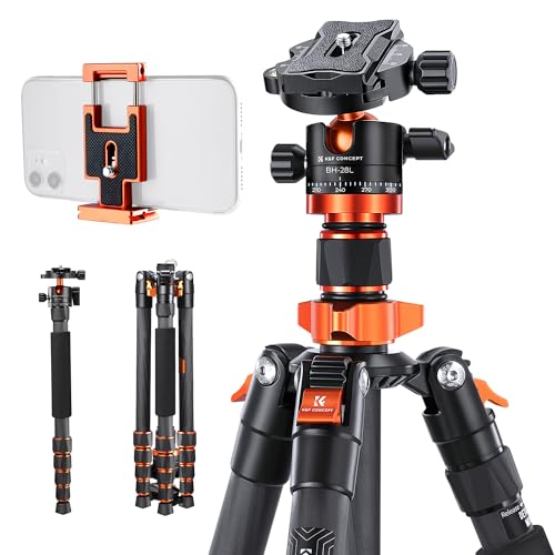 K&F Concept 172cm Carbon Stativ, D255C4(SA255C1) Kompaktes Kamera Handy Stativ, Leichtes Tripod mit Einbeinstativ-Funktion, 1/4”Gewinde Reisestativ mit 360° Kugelkopf für Spiegelreflexkamera von K&F Concept