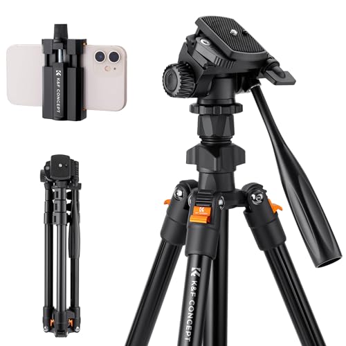 K&F Concept 177cm Kamera Handy Stativ,Video Stativ, Neues Leichtes Reisestativ, Tripod mit 3-Wege-Kopf, Alu Kamera Stativ für DSLR Kamera, Stativ für Smartphone mit Handyhalterung von K&F Concept