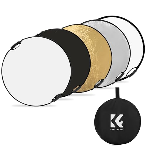K&F Concept 5-in-1 Reflektor Fotografie-Kit(110 cm), Faltreflektor mit Aufbewahrungstasche& Handgriff, Durchscheinend, Silber, Gold, Weiß und Schwarz Runde Reflektoren für Fotografie von K&F Concept