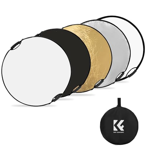 K&F Concept 5-in-1 Reflektor Fotografie-Kit(80 cm), Faltreflektor mit Aufbewahrungstasche& Handgriff, Durchscheinend, Silber, Gold, Weiß und Schwarz Runde Reflektoren für Fotografie,Außenbeleuchtung von K&F Concept