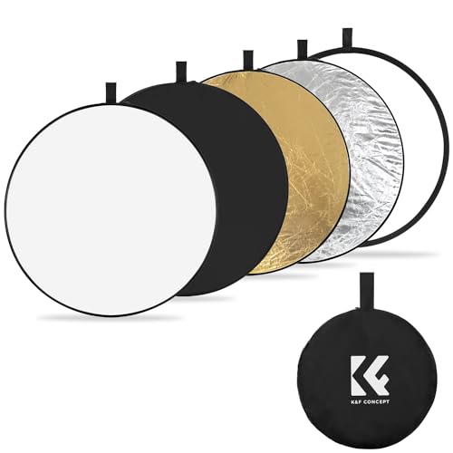 K&F Concept 5-in-1 Reflektor Fotografie-Kit, Faltreflektor mit Aufbewahrungstasche (110 cm), Durchscheinend, Silber, Gold, Weiß und Schwarz Runde Reflektoren für Fotografie von K&F Concept