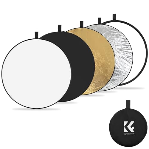 K&F Concept 5-in-1 Reflektor Fotografie-Kit, Faltreflektor mit Aufbewahrungstasche (80 cm), Durchscheinend, Silber, Gold, Weiß und Schwarz Runde Reflektoren für Fotografie,Außenbeleuchtung von K&F Concept