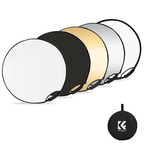 K&F Concept 5-in-1 Reflektor Fotografie-Kit (60 cm), Faltreflektor mit Aufbewahrungstasche& Handgriff, Durchscheinend, Silber, Gold, Weiß und Schwarz Runde Reflektoren für Fotografie,Außenbeleuchtung von K&F Concept