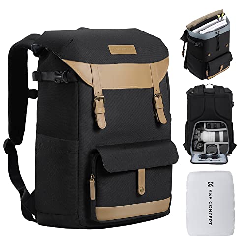 K&F Concept Kamerarucksack Rolltop Fotorucksack Wasserdicht Robuste Rucksack-Stofftaschen aus Stoff für Spiegelreflexkamera Canon Nikon Sony Fujifilm Olympus und 15,6 Zoll Laptop(Schwarz) von K&F Concept