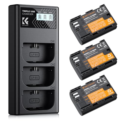 K&F Concept LP-E6NH Akku,2250mAh (3er Pack) und 3-Slot Ladegerät Akku-Kit,Kompatibel mit Canon EOS R7 R5 EOS R6 EOS R 5D II III IV 6D 6D II 7D 7D II 60D 70D 80D 90D von K&F Concept