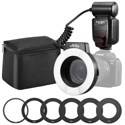 K&F Concept TTL Ringblitz Makro Blitz Ring Blitzgeräte für Canon SLR/DSLR mit AF-Hilfslicht Adapterringe Leitzahl 14 von K&F Concept