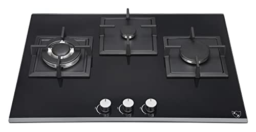 K&H 3 Zonen Glas Gaskochfeld 70cm Wok Brenner Erdgas Autark Eigebaut mit Thermoelement-Flammenaustrittssystem 3Z-KHGW-3 von K&H
