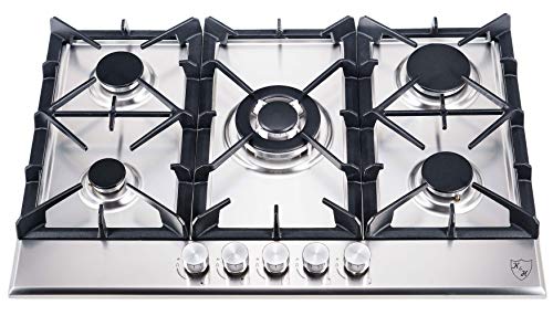 K&H 5 Zonen Edelstahl Gaskochfeld 76cm Wok Brenner Erdgas Autark Eigebaut mit Thermoelement-Flammenaustrittssystem 5Z-KHSSW von K&H