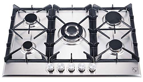 K&H® 5 Zonen Edelstahl Gaskochfeld 76cm Wok Brenner Erdgas Autark Eigebaut mit Thermoelement-Flammenaustrittssystem 5Z-KHSSW von K&H