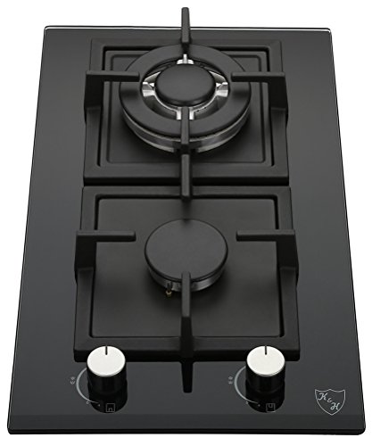 K&H Domino 2 Zonen Glas Gaskochfeld 30cm Wok Brenner Erdgas Autark Eigebaut mit Thermoelement-Flammenaustrittssystem 2Z-KHGW von K&H