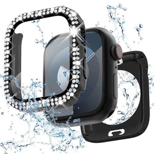 2 in 1 Bling wasserdichte Hülle für iWatch Serie SE 6 5 4 40 mm, 360 Schutz PC Abdeckung Vorder- und Rückseite mit gehärtetem Glas Displayschutzfolie, zweireihiges Diamant-Uhrengehäuse für Frauen, 40 von KADES